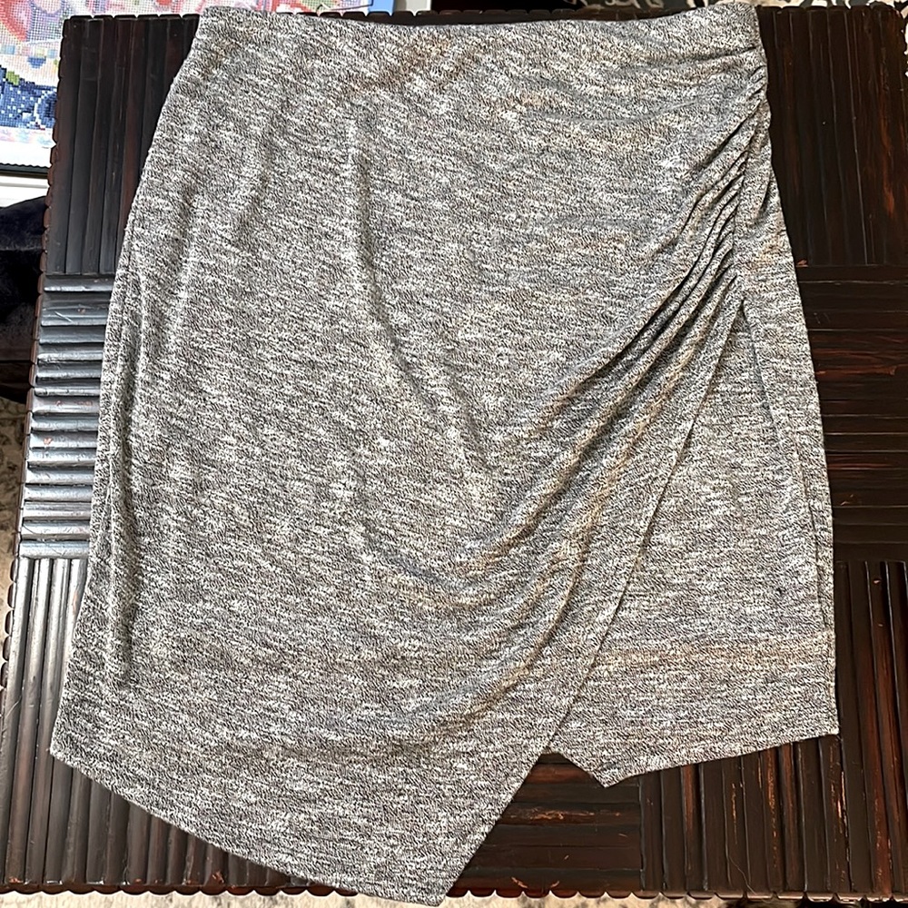 Gray faux wrap asymmetrical skirt with elastic waist, jersey material